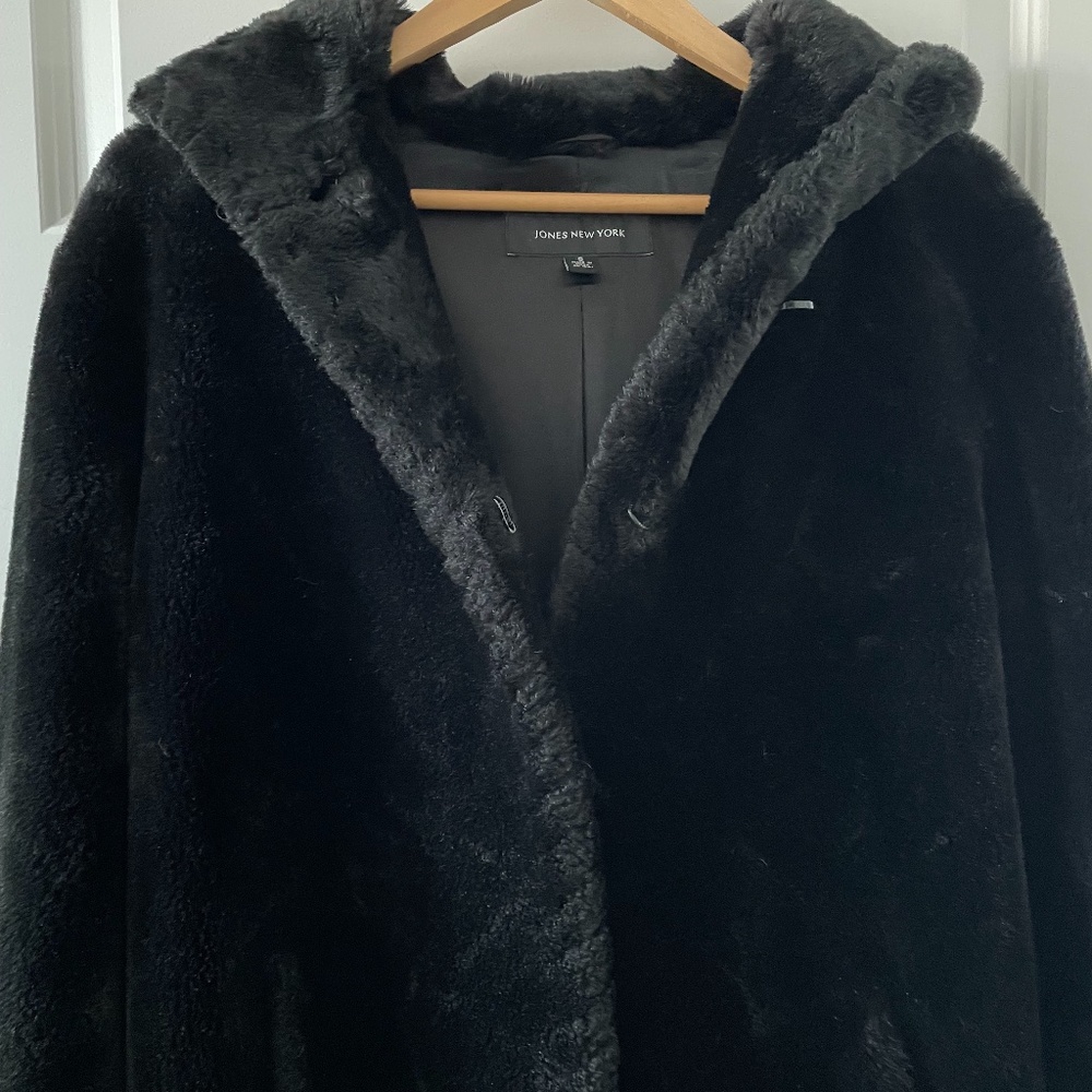 Jones New York Black Faux Fur Hooded Coat